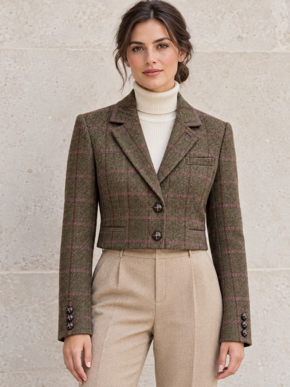 Boden Moon Tweed US 8R Crop Plaid Blazer Olive Pink Equestrian Heritage Academia
